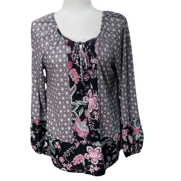 STYLE & CO | sz M Women's Black Multi Floral Long Sleeve Knit Tie Front Blouse - Picture 5 of 5